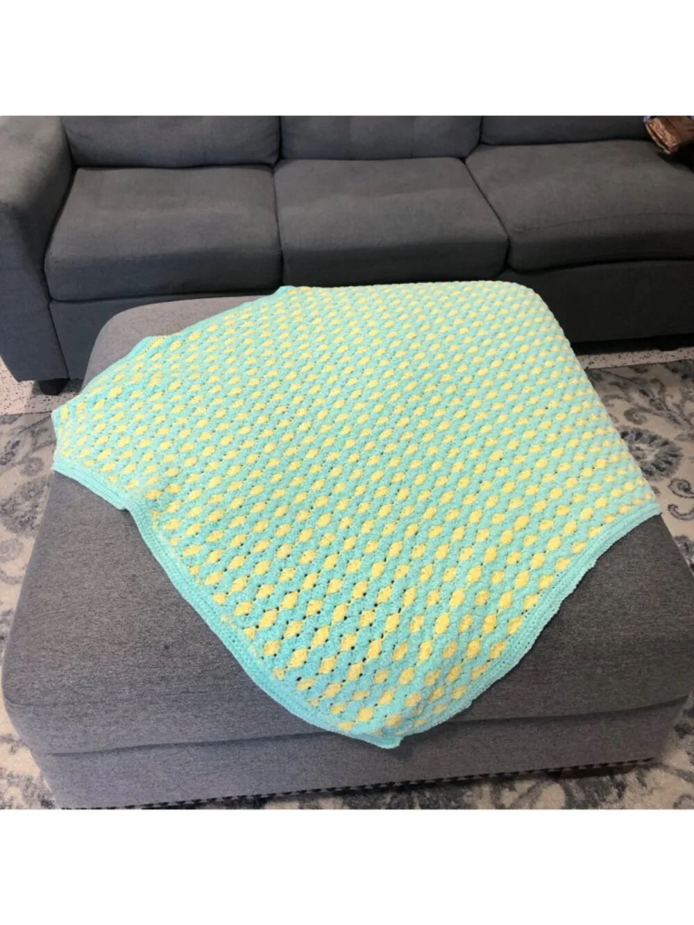 Handcrafted Crochet Baby Blanket Mint Green Yellow Soft 42x39